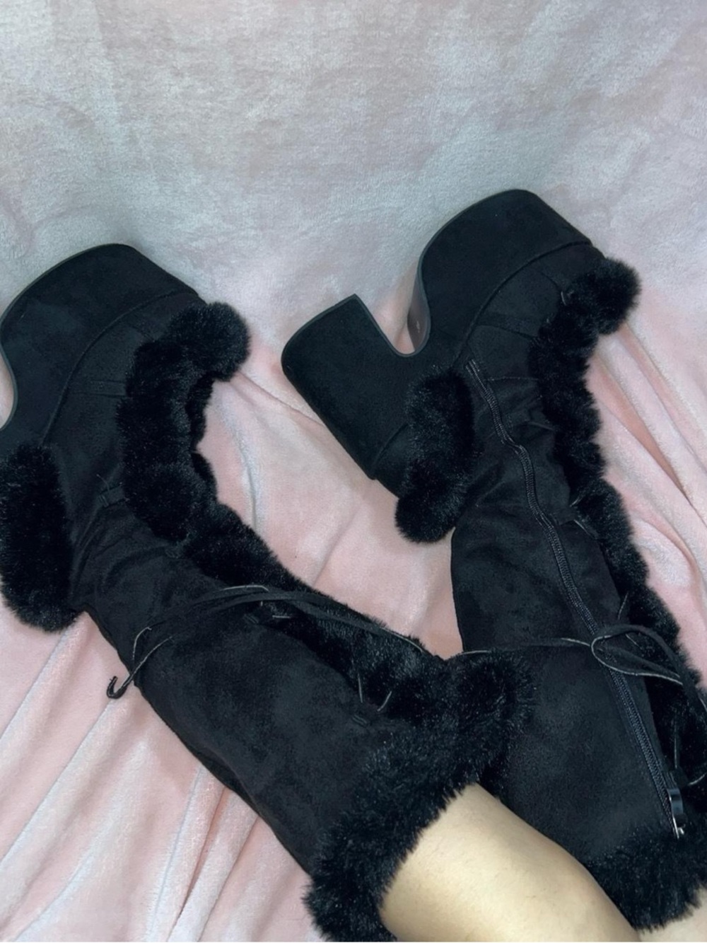 Black Faux Fur Platform Knee-High Boots - Women's